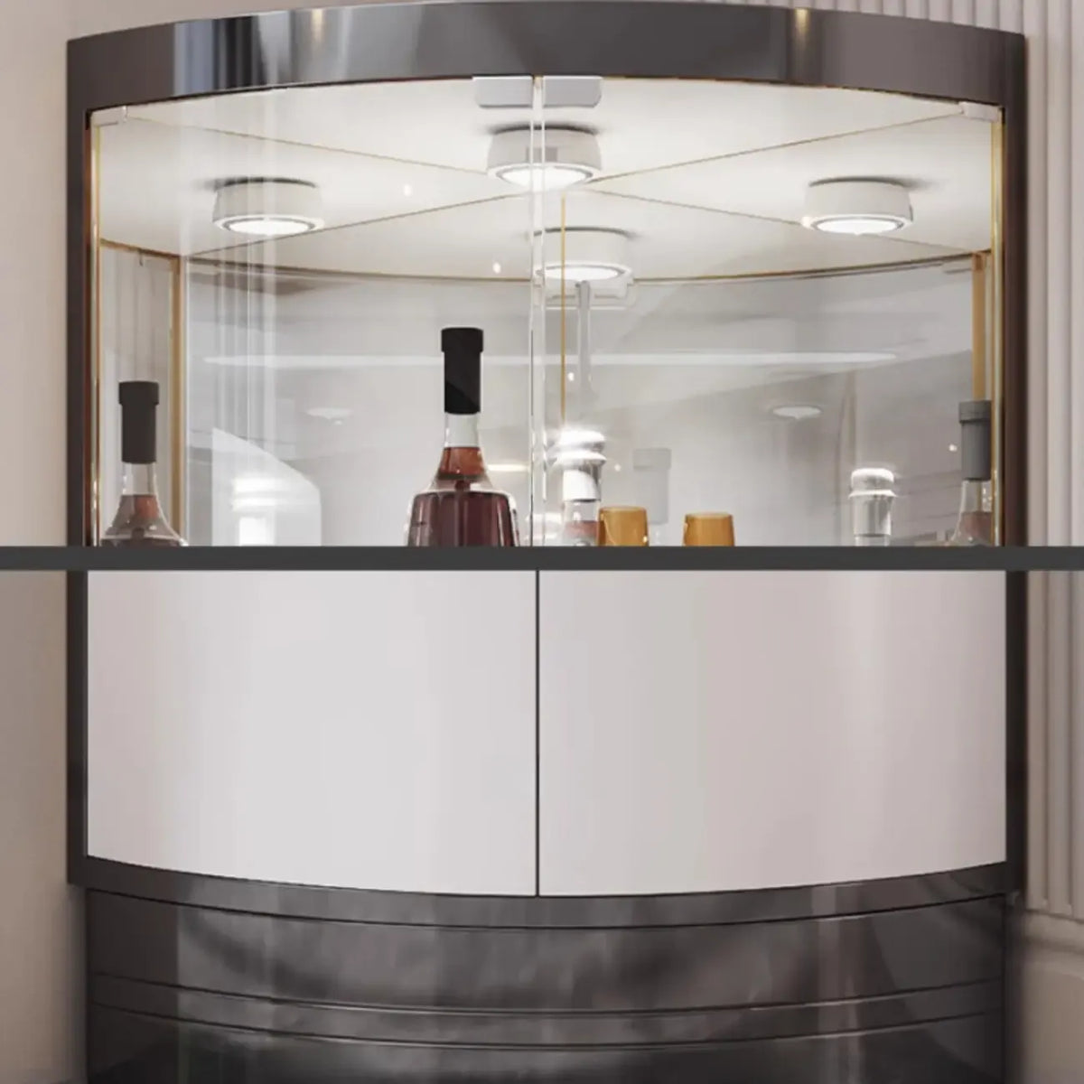 Multiple Levels Glass and Metal Shelf Storage Display Corner Wine Cabinet