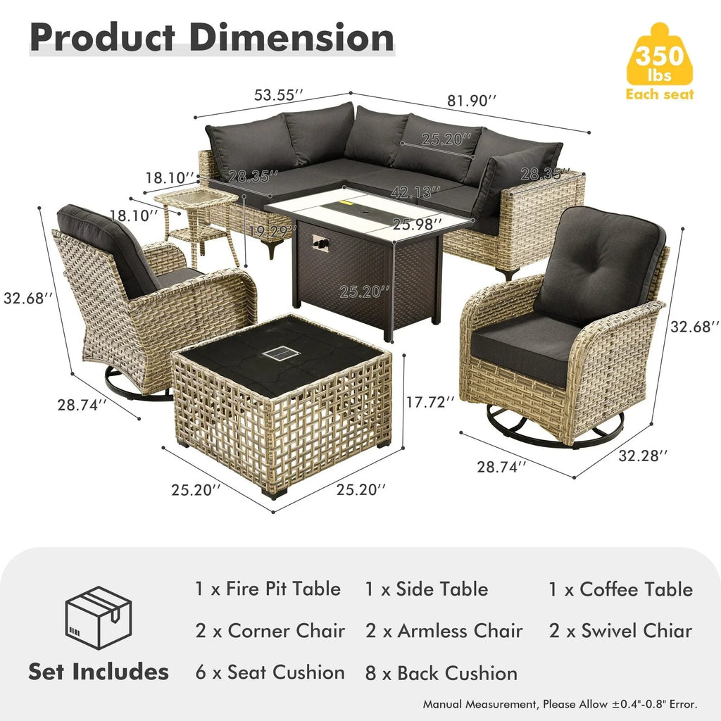 OVIOS 9 Pieces Outdoor Wicker Swivel Chair Set With Fire Table