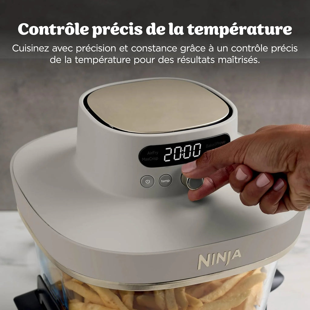 Ninja CRISPi PRO XL, Friteuse sans huile en verre, 5 modes de cuisson prédéfinis, avec contenants en verre CleanCrisp de 5,7 l et 2,3 l, couvercles de rangement, Stone/Or AS090EUSD