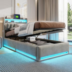 Lit Coffre 90x200 cm avec LED et Ports USB,Tête de Lits avec Rangement,Lit Double avec Sommier à Lattes, Facile à Assembler,pour Adultes et Adolescents,Velours (Gris, 90x200 cm)