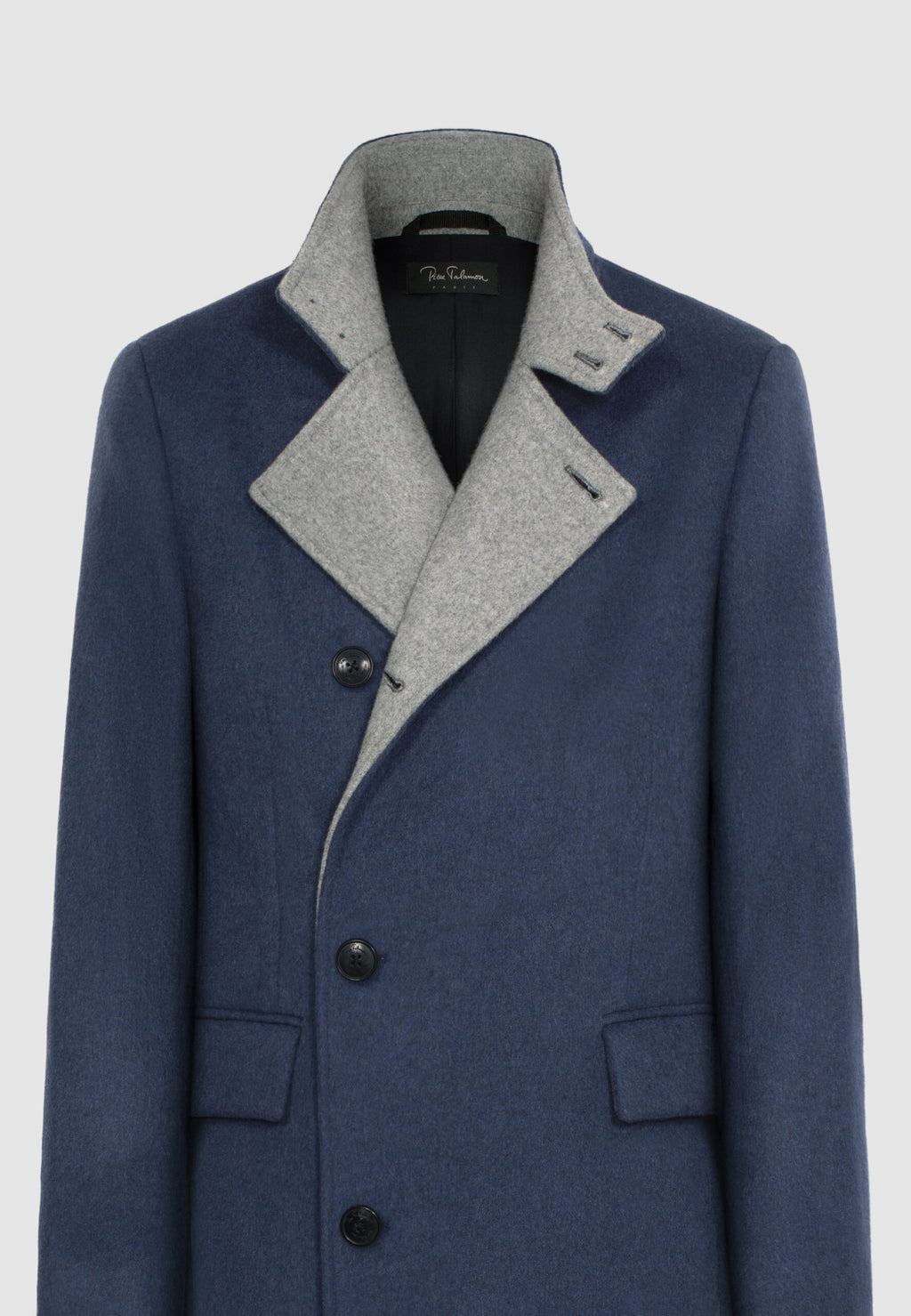 Manteau en laine col officier bleu et gris