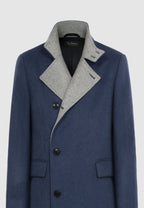 Manteau en laine col officier bleu et gris