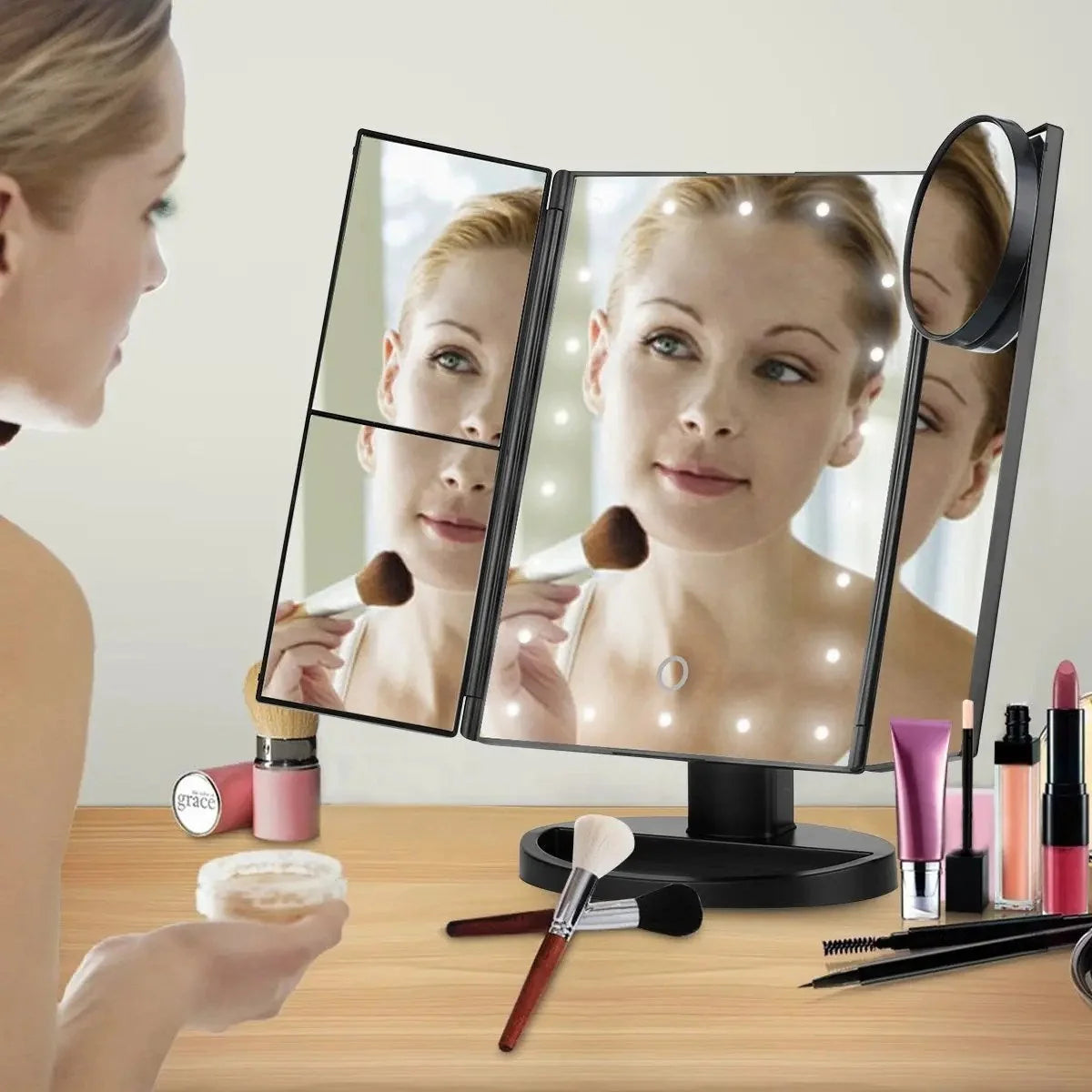 Espejo de Maquillaje Iluminado Espejo de Tocador Inteligente con Luces, 10X de Magnificación, Ajustable, 22 Luces LED