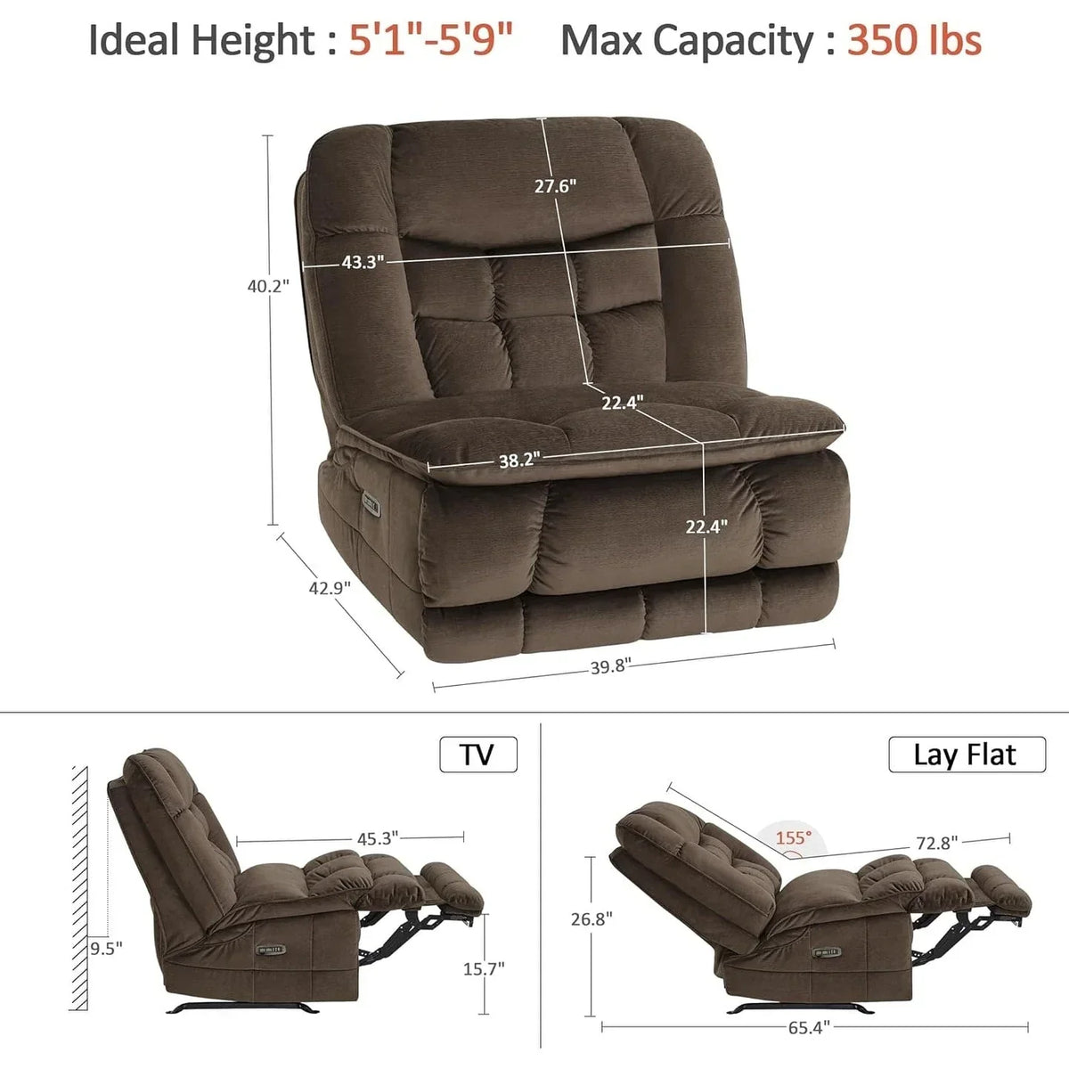 MCombo Oversized Dual Motor Armless Power Rocker Recliner Chair, Zeroarms Recliner Perfect for Living Room Fabric PR607