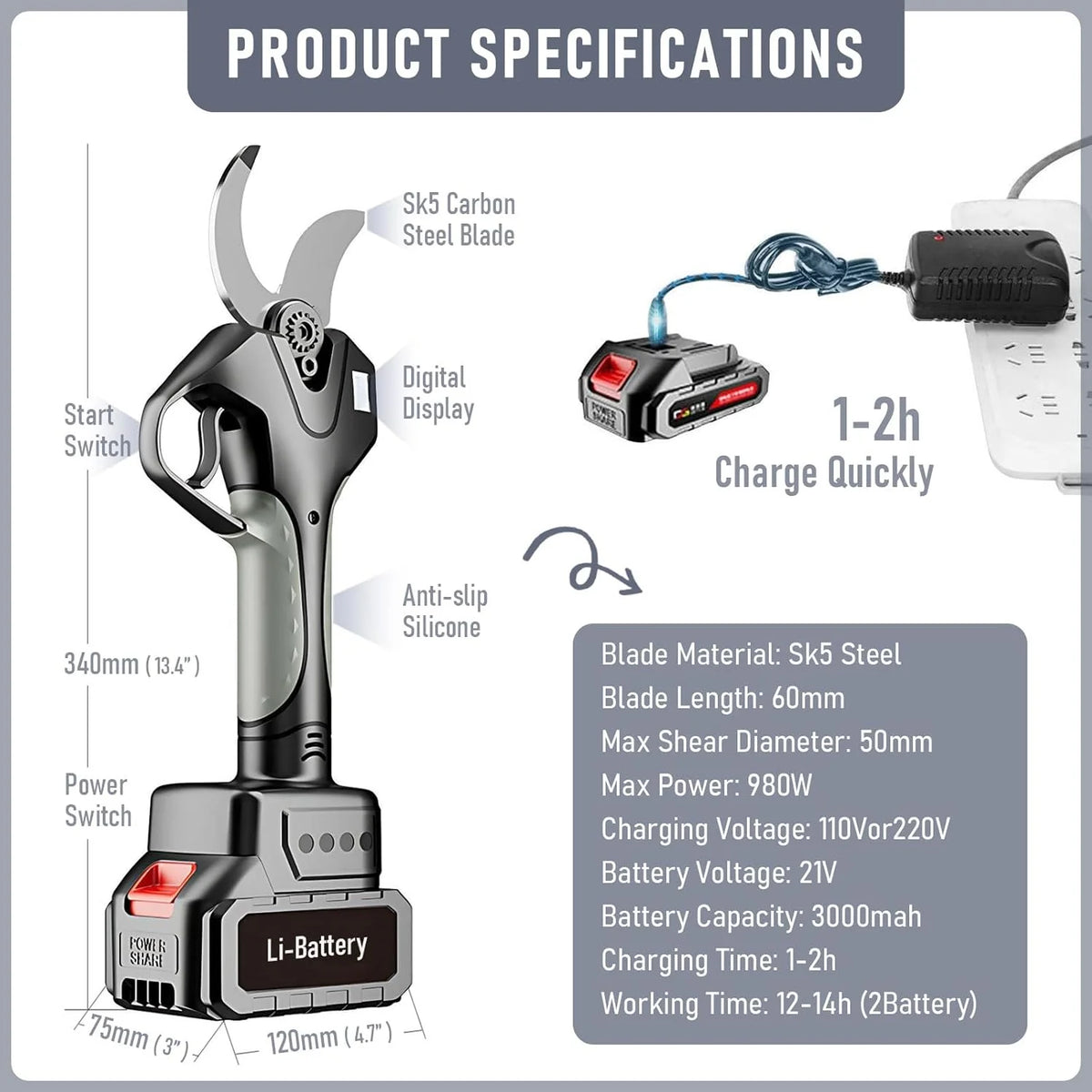 Sécateur électrique professionnel sans fil avec perche télescopique 2,1 m, écran LCD, batteries lithium rechargeables (2)