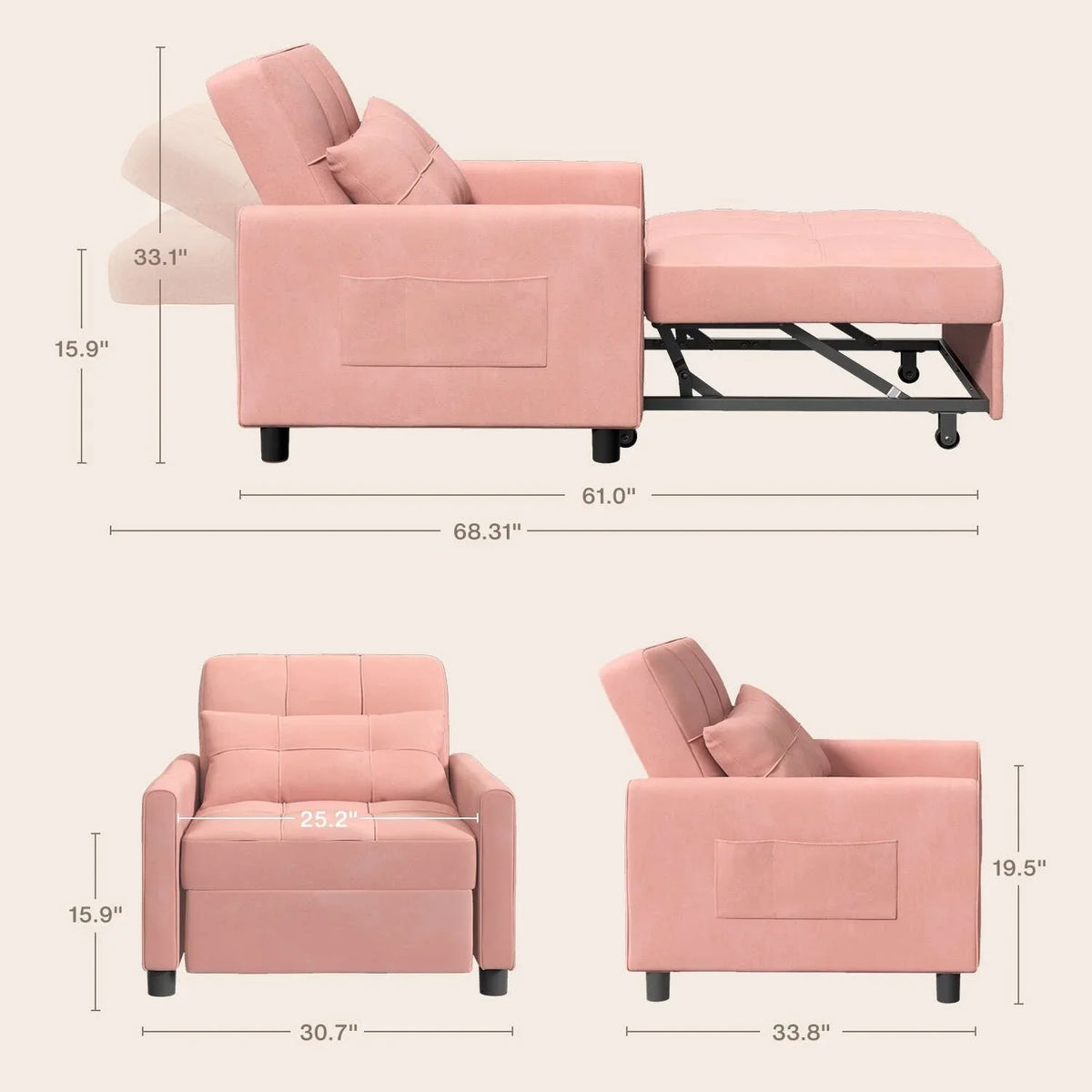 3-in-1 Adjustable Sleeper Sofa Bed, Pull Out Chair Sofa, Convertible Folding Bed for Living Room