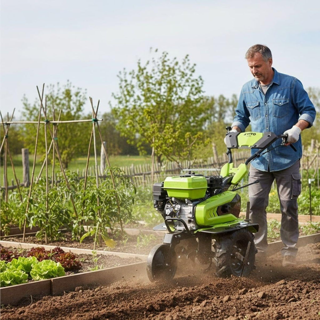 VITO - Motoculteur Thermique à Essence 4 Temps 212 cm3 7CV Transmission Courroie Largeur 70-85cm Buteur + Fraises Idéal Jardin & Maraîchage