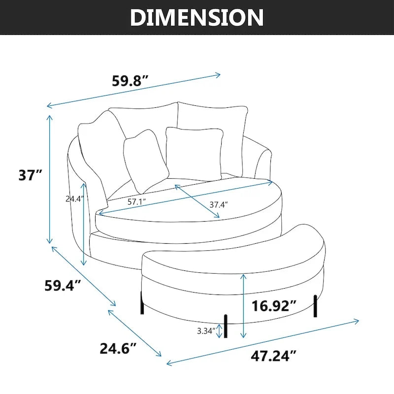 Modern Sofa Chair Round Accent Barrel Chair With 5 Pillows and Optional Ottoman