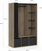 IDMarket - Dressing penderie Diane 105 x 50 x 172 cm hêtre avec étagères + boites de Rangement + Rideau Noir