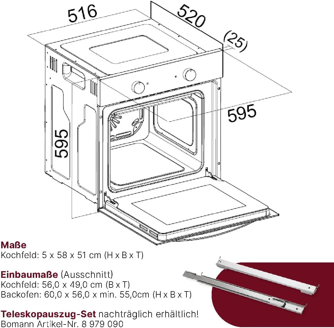 Bomann, Four avec plaque de cuisson à induction, Cuisinière encastrable avec 4 zones de cuisson et 9 fonctions de four, Capacité utile de 56 l, Thermostat réglable séparément, EHBC7937, Noir