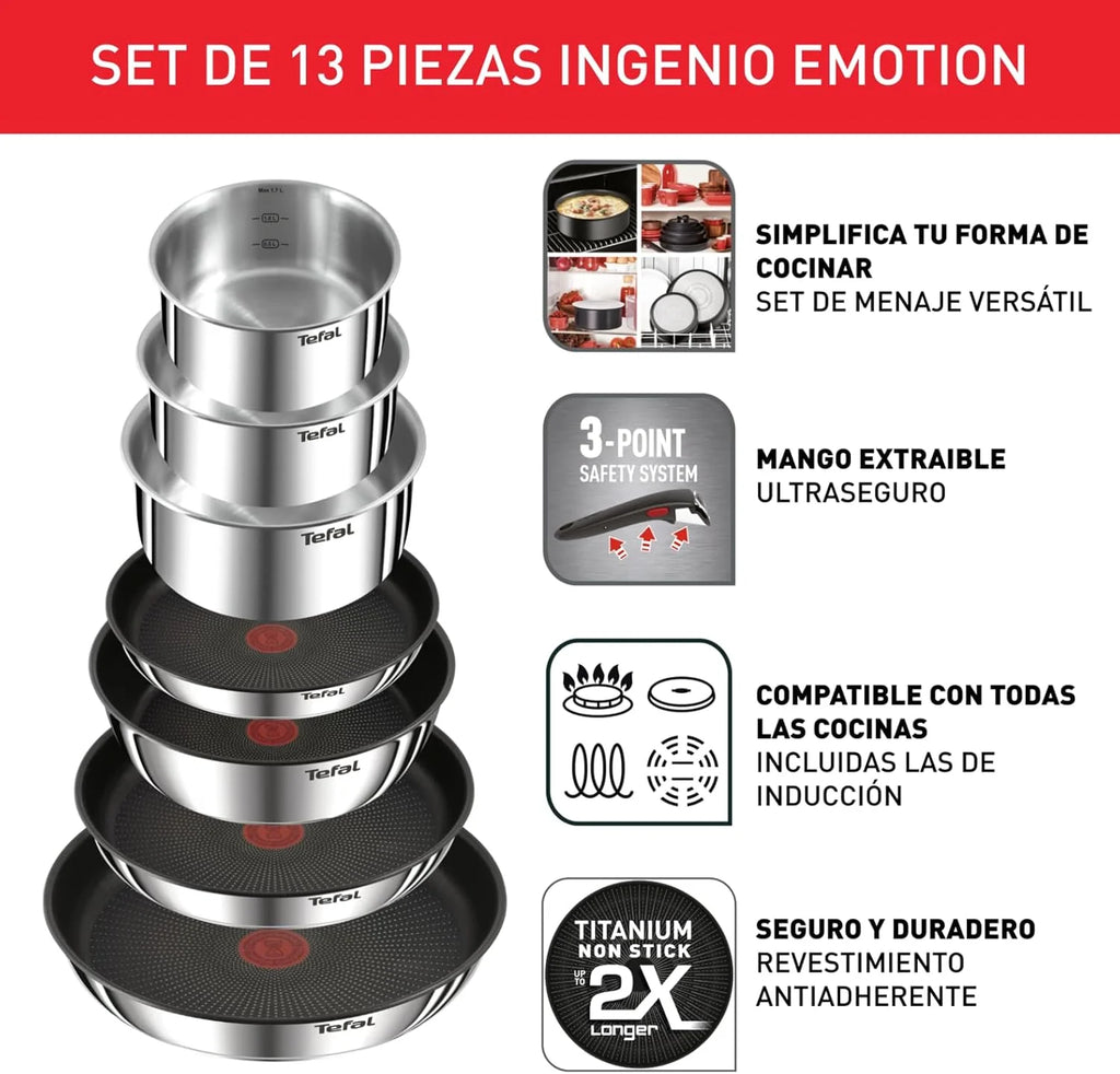 Tefal Ingenio Emotion Set of 3 Frying Pans 22/24/28 cm + 3 Saucepans 16/18/20 cm + Stew Pot 24 cm + Wok 26 cm + 12 Accessories | Induction Safe, Non-Stick, Dishwasher and Oven Safe