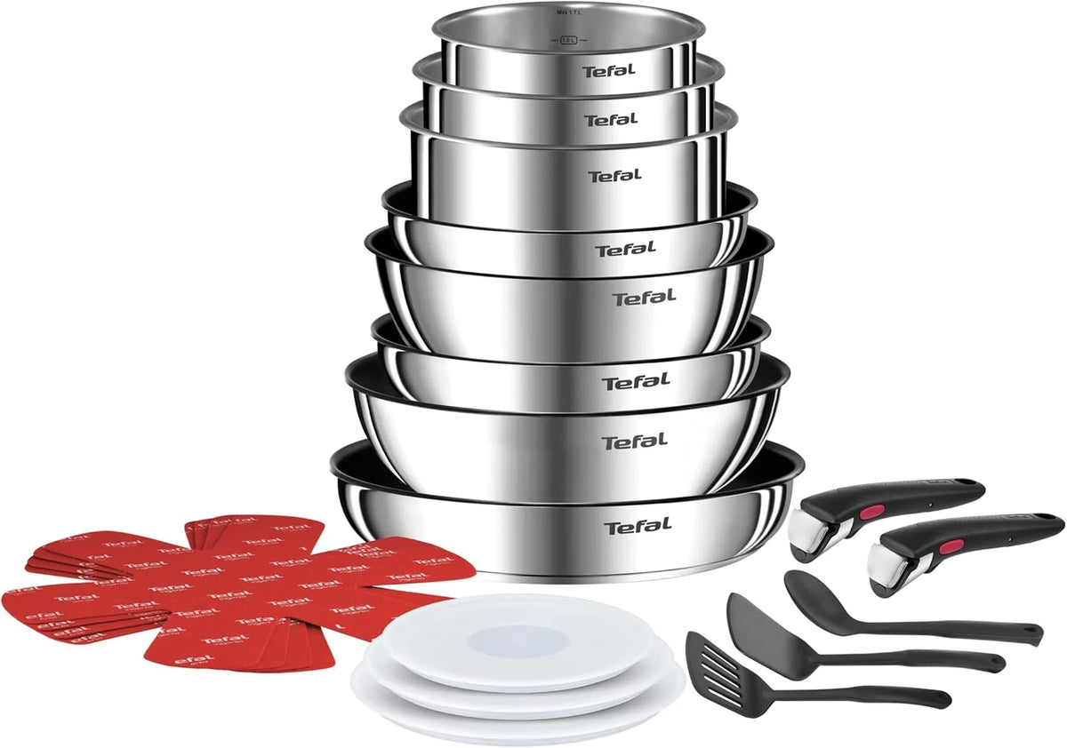 Tefal Ingenio Batterie de cuisine 20 pièces, Poêles, Casseroles, 2 poignées amovibles, Induction, Revêtement antiadhésif, Empilable, Compatible lave-vaisselle, Emotion L897SK04