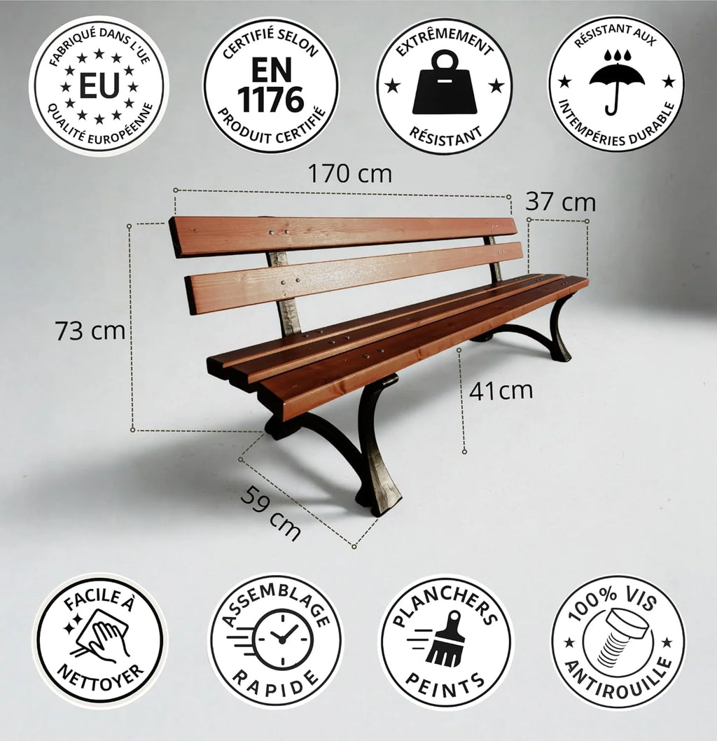 REKORD Banc de Jardin 170 x 59 x 73 cm Banc d'extérieur Robuste en métal et Bois avec Dossier résistant aux intempéries pour Parc terrasse et Avant-Cour - Lodzka - Palissandre