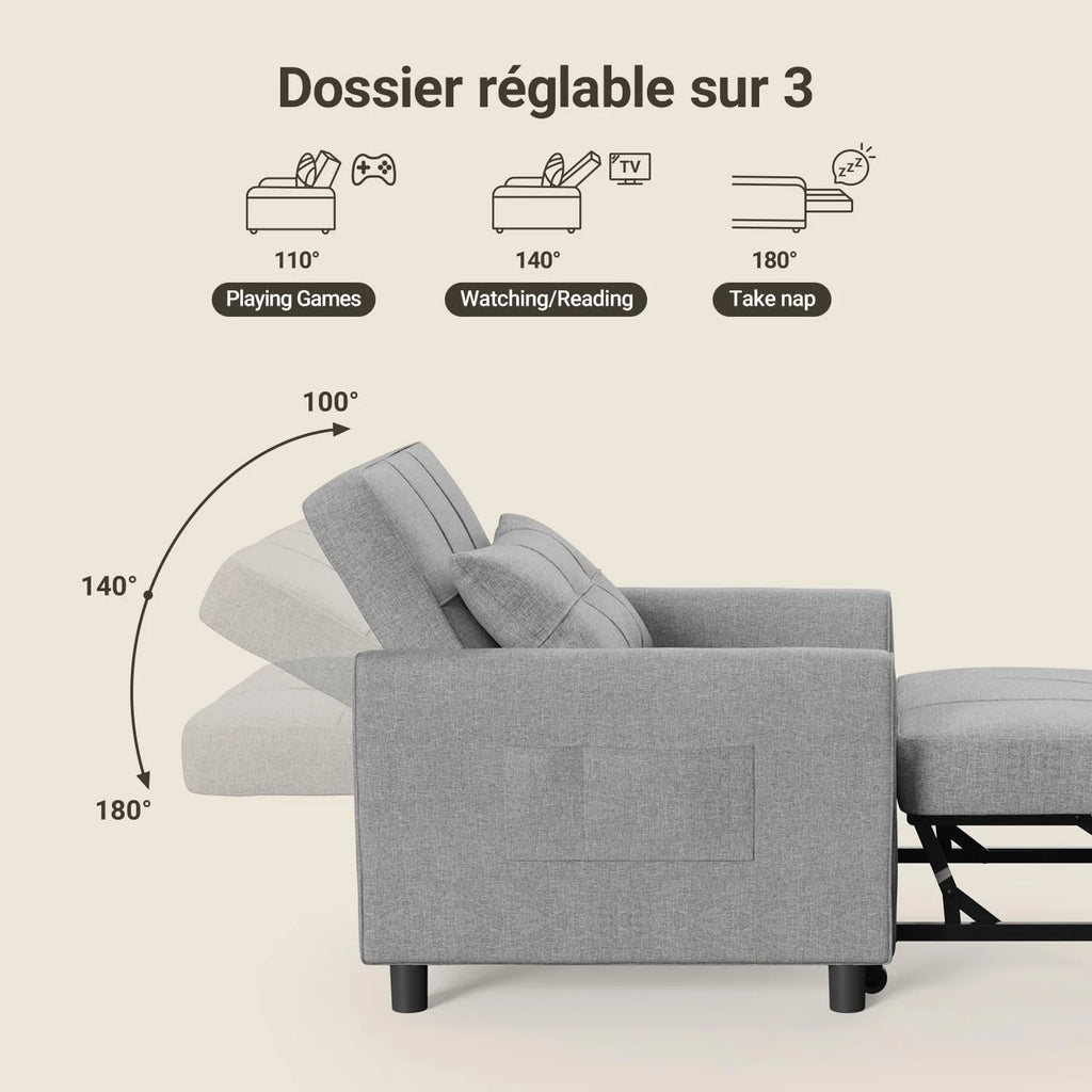 Xbro Fauteuil-lit 3 en 1 Convertible 1 Place, Fauteuil-lit avec Fonction Lit, Canapé-lit Réglable avec Coussin et Sac, Fauteuil avec Fonction Lit pour Petit Appartement (Gris Clair)
