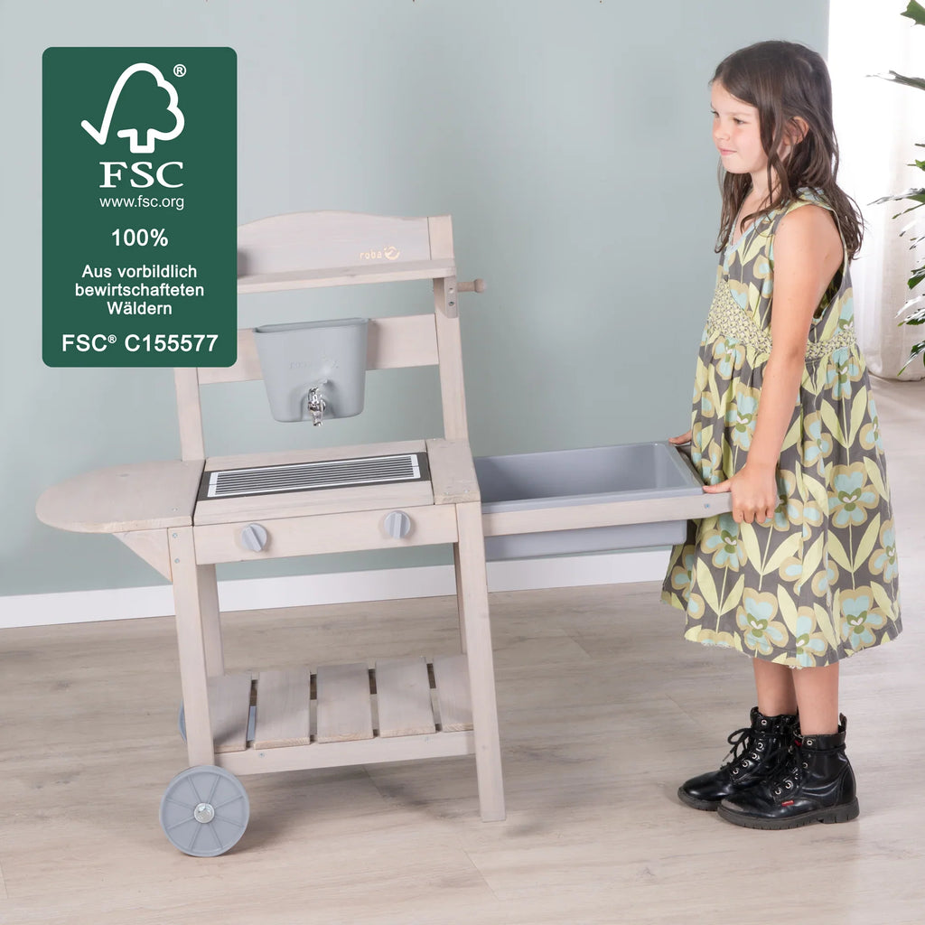 Cocina móvil de juego "Mud & Play BBQ" para niños – Madera certificada FSC – Acabado en gris grabado