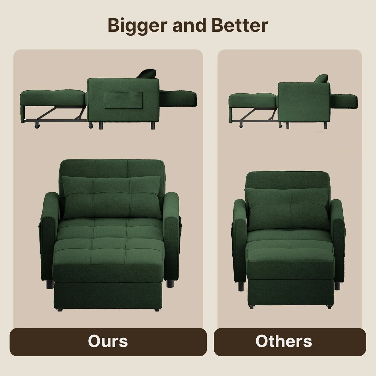 3-in-1 Adjustable Sleeper Sofa Bed, Pull Out Chair Sofa, Convertible Folding Bed for Living Room