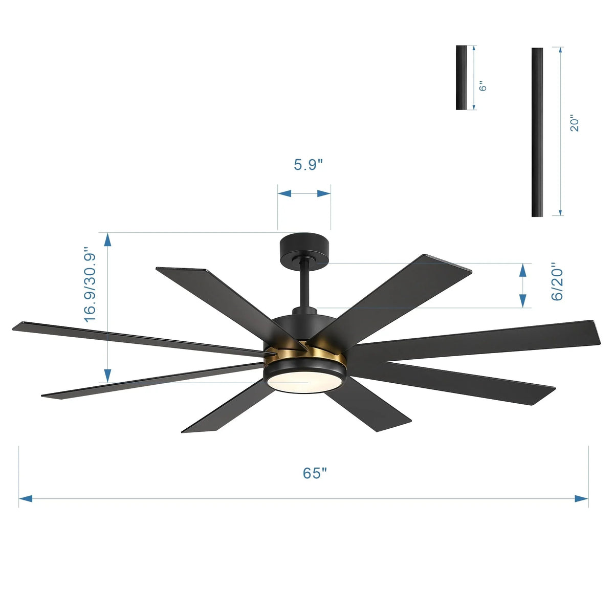 65 Inch 8-Blade Black LED Ceiling Fan with Light and Remote