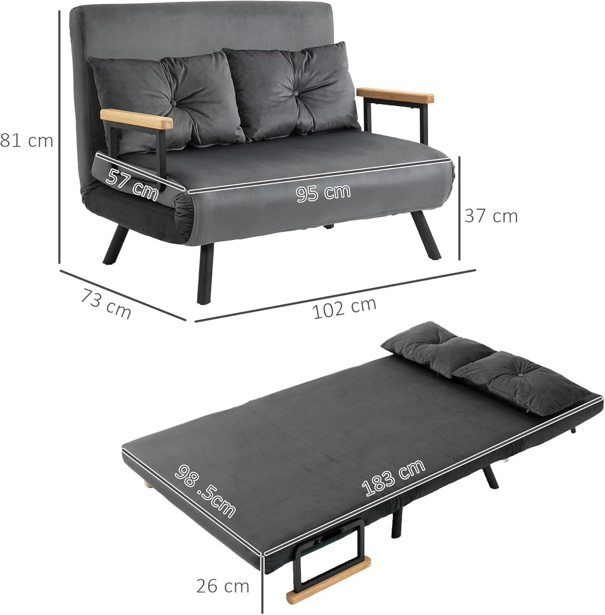 HOMCOM Sofa Bed 2 Seater Folding Sofa Bed Upholstered in Velvet with 5 Levels Adjustable Backrest and Padded Pillows for Office Bedroom Living Room 102 x 73 x 81 cm Beige
