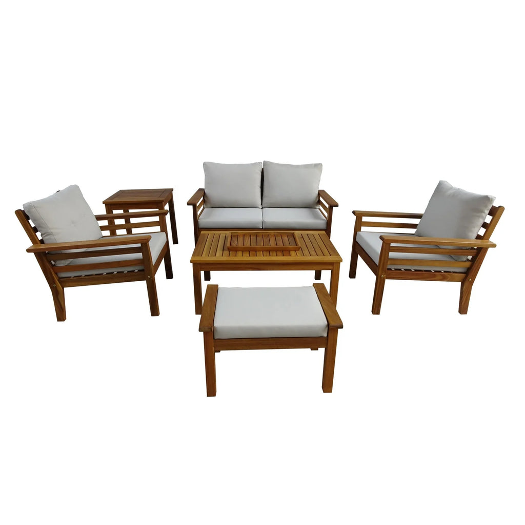 Conjunto de Jardín Mesa + Sofá + 2 Sillones + Mesa Auxiliar + Asiento Otomano + Bandeja de Madera, Bali