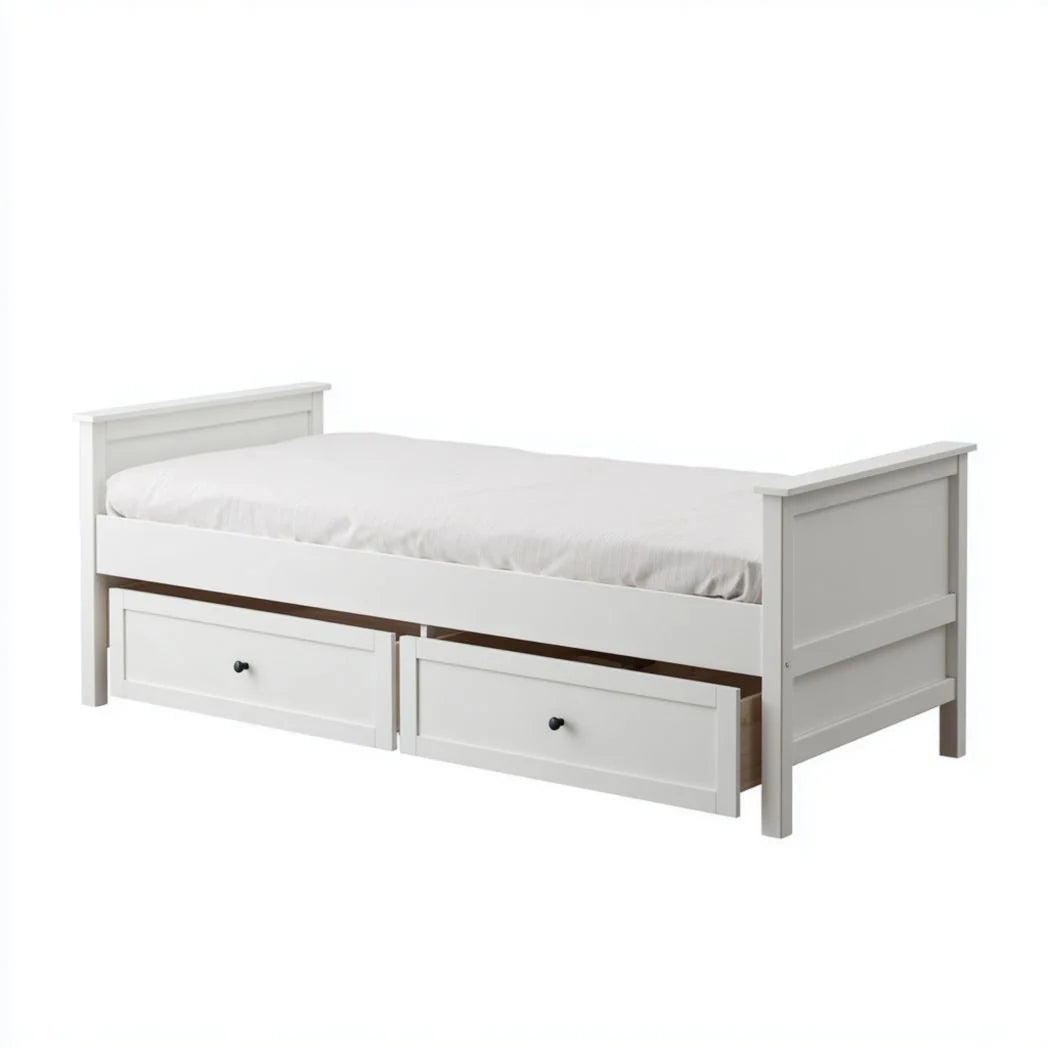 Lit simple en bois massif avec deux tiroirs et matelas