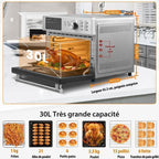 Mini four professionnel - Four a air, 30L/21 Programmes/30-230℃,  Lumière intégrée, Cavité et plateaux en acier inoxydable