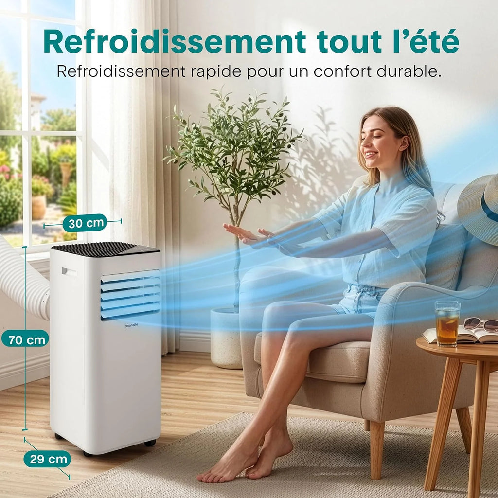 SereneLife Climatiseur Mobile 9000 BTU – Portable Silencieux 55 dB, 31 m² Ventilateur et Déshumidificateur, Rafraîchisseur d’Air, Télécommande, Écran LED