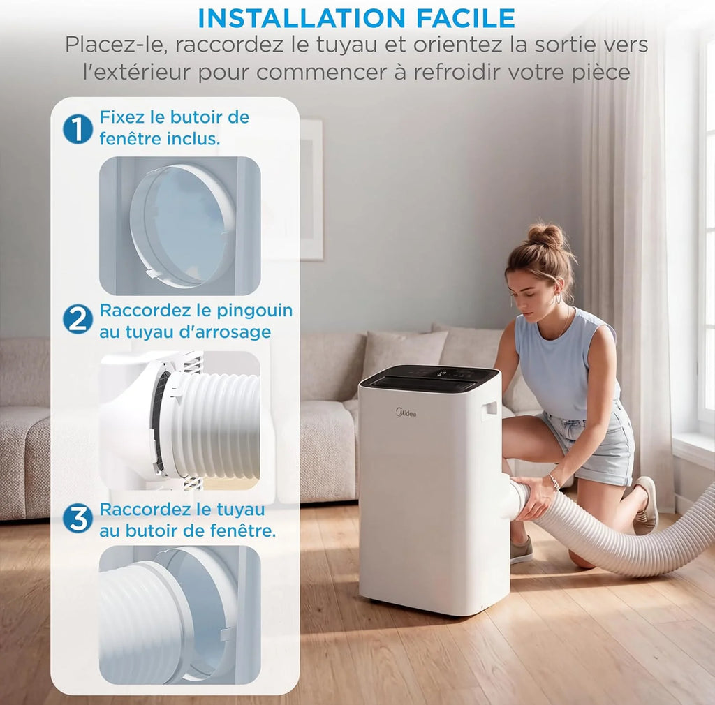 MIDEA Climatiseur Mobile Silencieux 9000 BTU avec Évacuation | 4 en 1: Climatisation, Ventilation, Déshumidification, Sleep | Clim Portable avec Contrôle App & Télécommande | Kit de Fenêtre Inclus