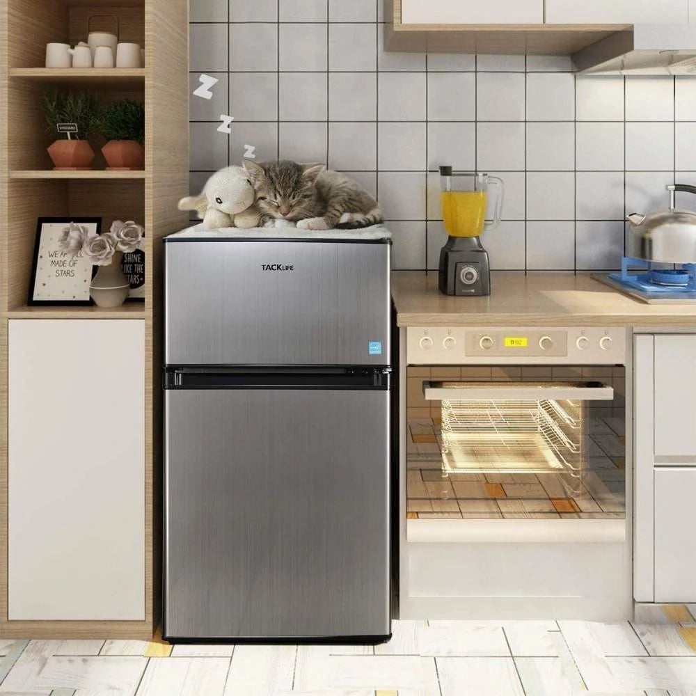 Mini refrigerador con congelador, 3.1 pies cúbicos, refrigerador compacto con luz LED, 2 puertas, mini nevera para dormitorio, oficina, dormitorio universitario, RV, garaje, acero inoxidable plateado - Modelo HPVFR310