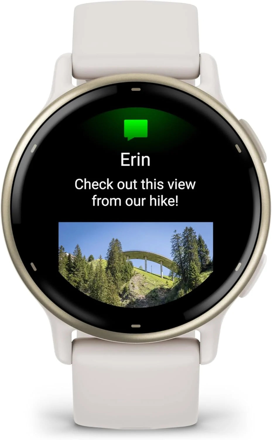 Garmin Vivoactive 5 montre intelligente GPS santé et fitness pour homme et femme lunette aluminium doré crème bracelet silicone ivoire écran AMOLED 3 cm autonomie