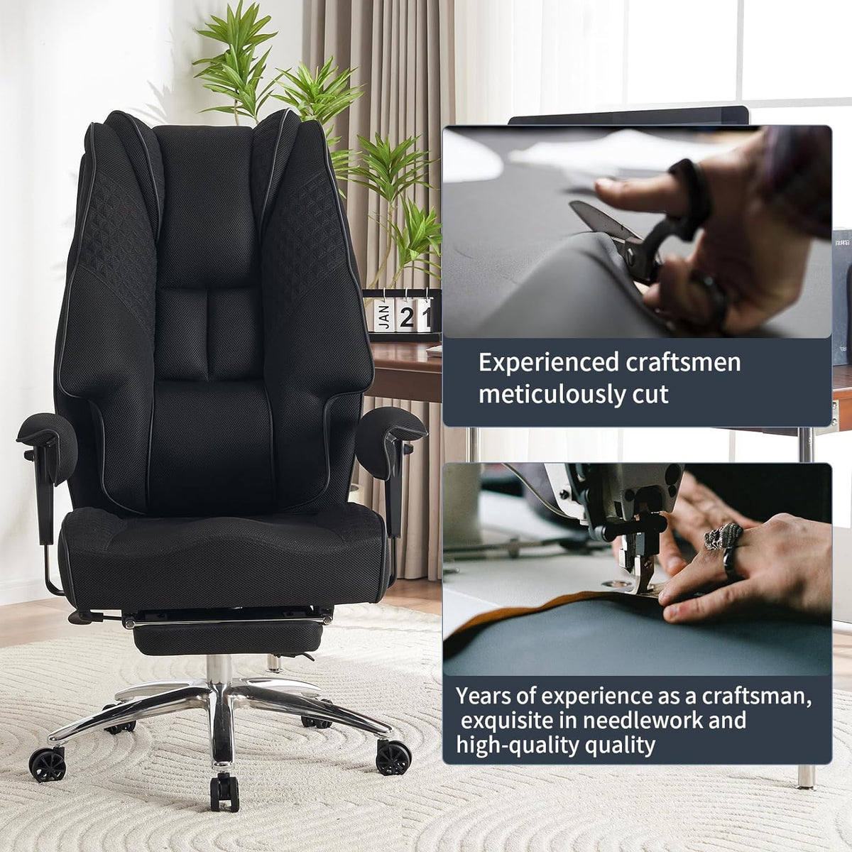 Silla de Oficina Alta y Ancha para 400 lbs, Silla Ejecutiva de Cuero con Respaldo Alto y Reposapiés, Silla Ergonómica con Soporte Lumbar para Aliviar el Dolor de Espalda Baja (Beige)