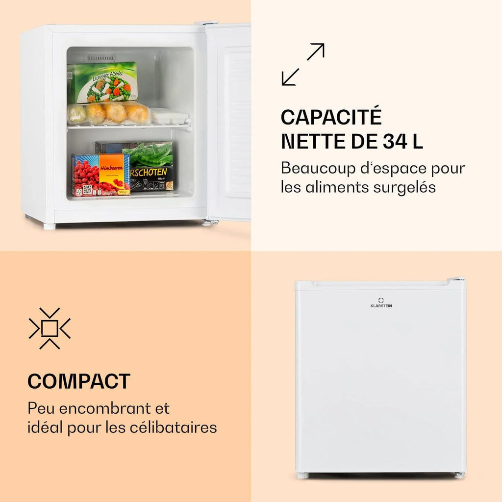 Klarstein Mini Congelateur Armoire, Petit Congélateur pour la Chambre et la Maison, Mini congélateur 33L, Congelateur Petite Taille avec Etagère, Econome en Energie, Appareil à glaçons et Grattoir