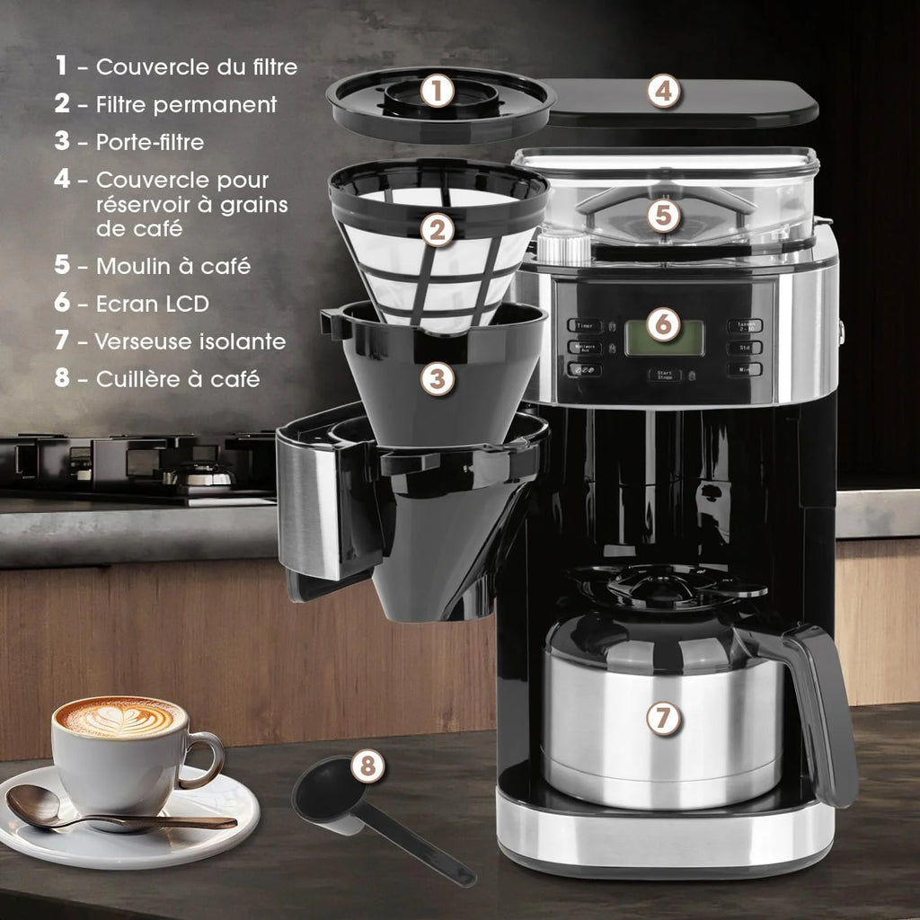 Barista Cafetière Filtre avec verseuse Isotherme 1L pur 12 tasses de café, Machine a cafe grain avec broyeur et écran digital, Fonction de minuterie