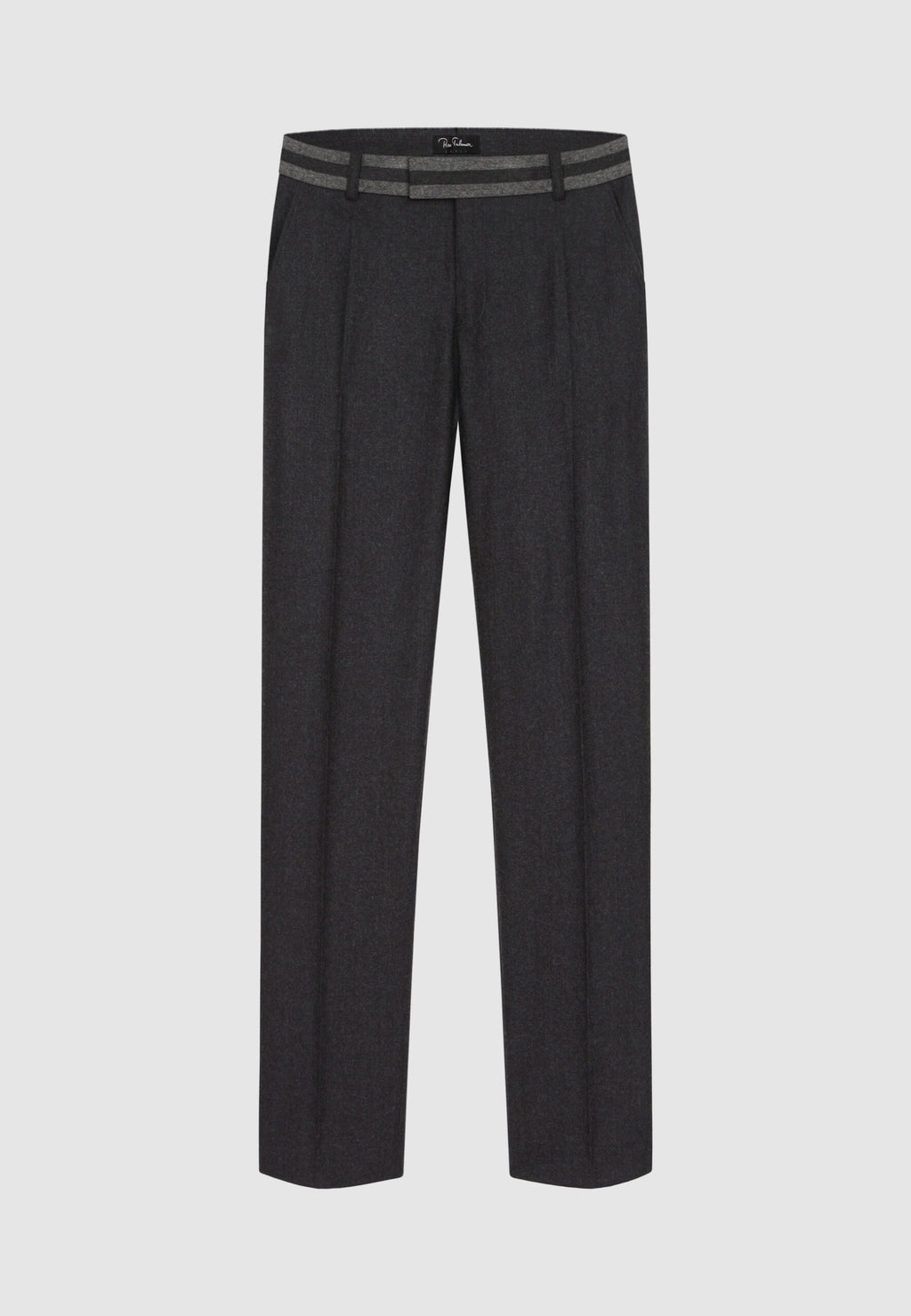 Pantalon en flanelle de laine gris foncé à ceinture contrastée