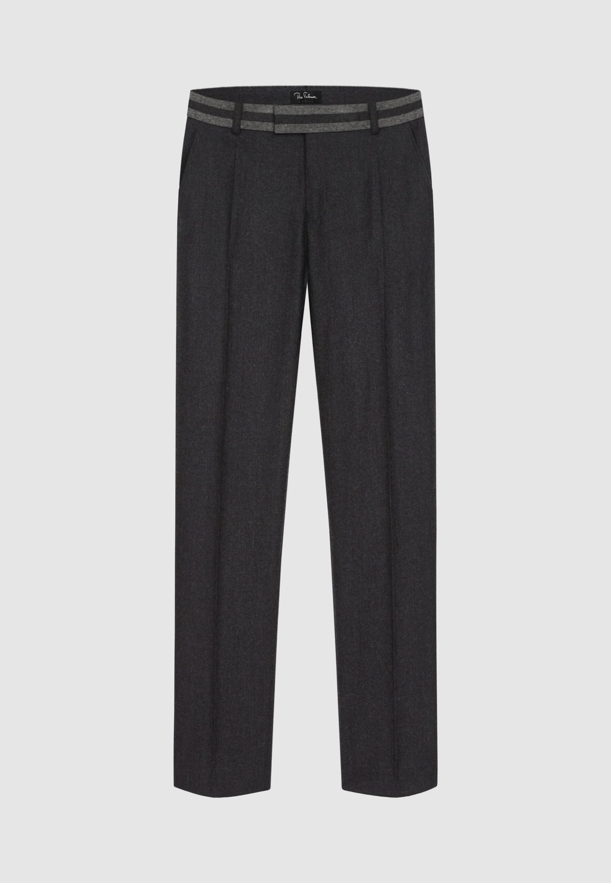 Pantalon en flanelle de laine gris foncé à ceinture contrastée
