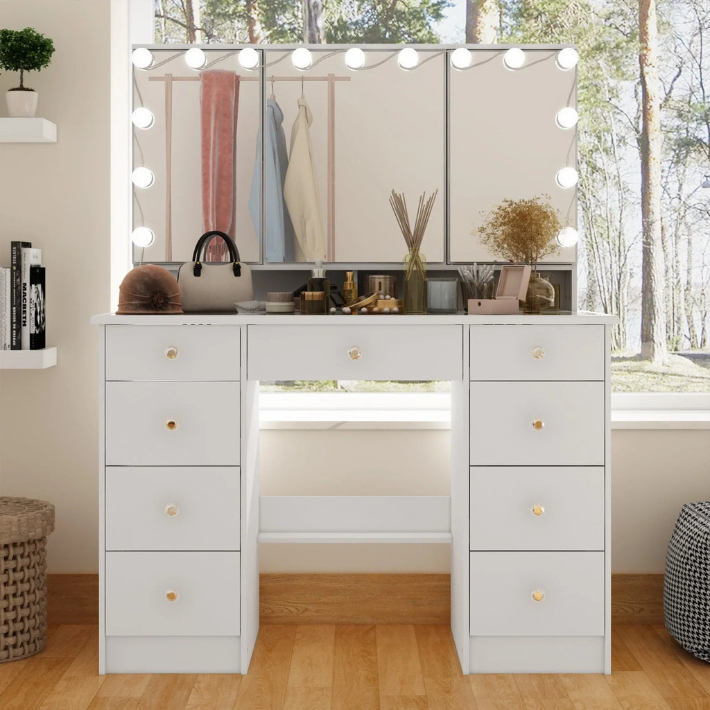 Makeup Vanity w/Tri-Fold Mirror Certified Lighting Glass Top Dresser
