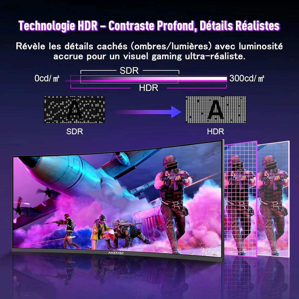 Amzfast Ecran Pc Gamer Incurvé 34 Pouces, 240Hz, UWQHD 3440x1440 (21:9), 1 ms MPRT, Eyes Care, sRGB 130 pour cent, Adaptive Sync, HDR, HDMI 2.1 * 2, DP 1.4 * 2, VESA 75x75, PIP/PBP, AMZG34C5QPro