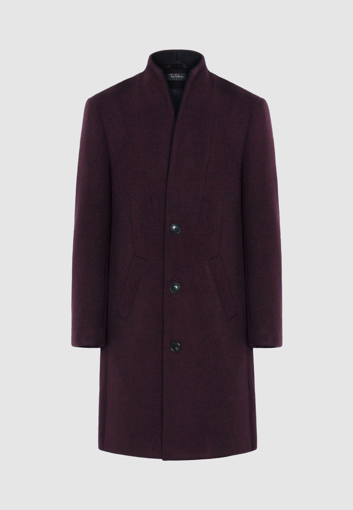 Manteau en laine bordeaux et noir à col montant