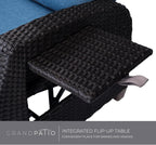 Grand patio Chaise longue inclinable à position réglable avec table rabattable et coussin pour jardin, cour, terrasse, extérieur – Coussin bleu paon et osier marron