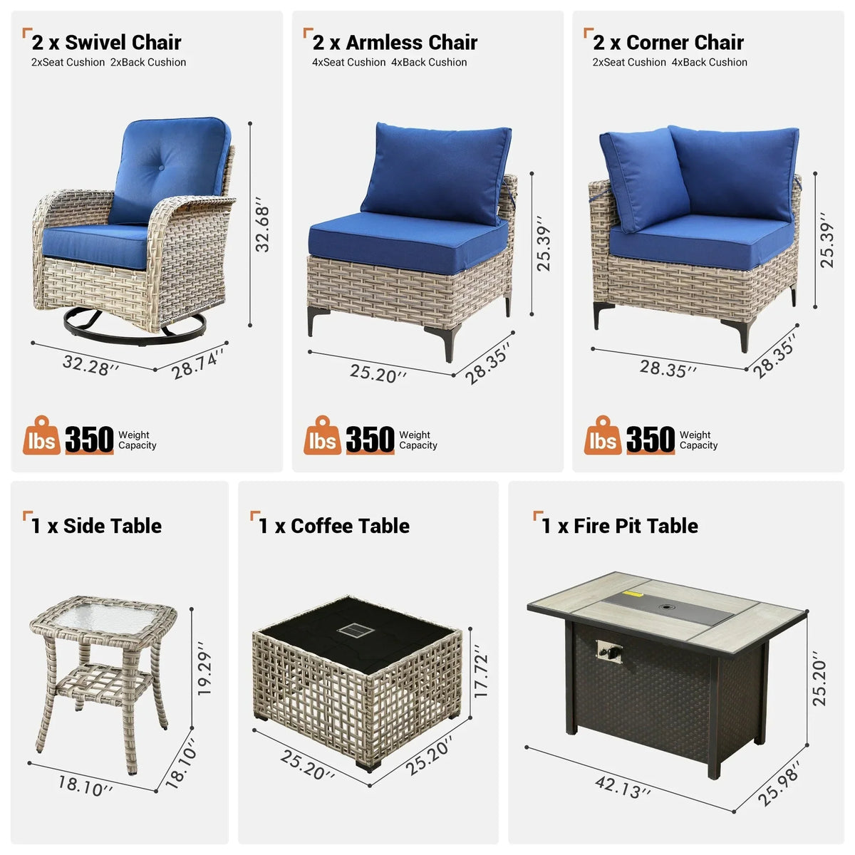 OVIOS 9 Pieces Outdoor Wicker Swivel Chair Set With Fire Table