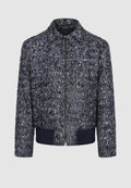 Blouson zippé en tweed de laine chiné bleu, noir et blanc
