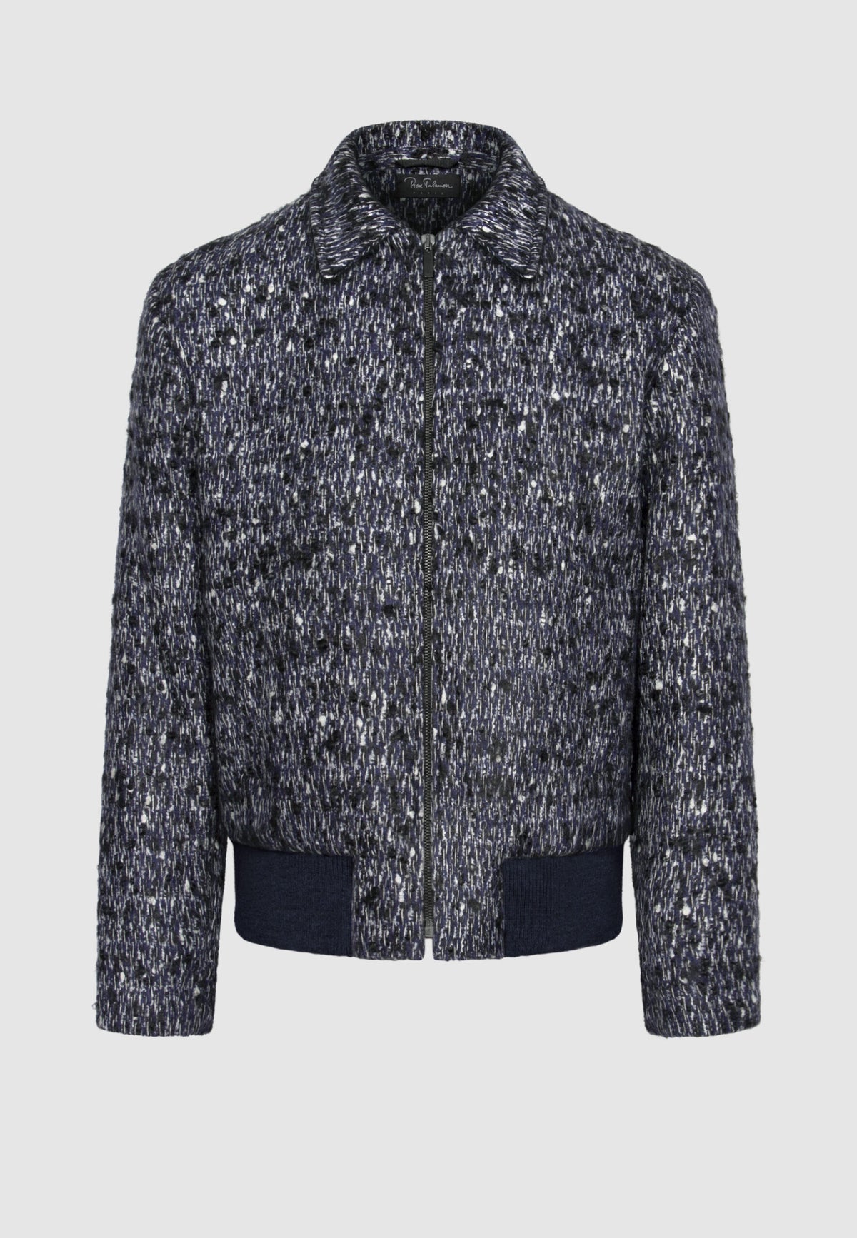 Blouson zippé en tweed de laine chiné bleu, noir et blanc