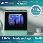 AIRMSEN Mini Lave-Vaisselle de Comptoir, 5+1 Programmes, Réservoir d'Eau de 5L, Contrôle Tactile et Écran LED, Adapté pour les Cuisines Familiales, Appartements et Dortoirs, Vert