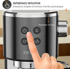 Krups Virtuoso+, Machine expresso manuelle, Café à pompe, Café moulu ou dosettes, 15 bars, Inox, Buse vapeur, Espresso et cappuccino, Noire, XP444G10
