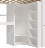 Lit Mezzanine 90x200 cm, Lit Superposé Enfant et Adulte avec Bureau, Lumières LED, Armoire, Échelle, 4 Tiroirs et Rangements, Blanc et Bois lit Mezzanine (90x200 cm)
