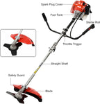 Bordures et Débroussailleuse à Essence 52CC 2.2KW - Tronçonneuse Portative à Moteur 2 Temps - Tête Fil et Lame 3 Dents Incluses - 8500 TR/Min pour Hautes Herbes et Ronces Rouge