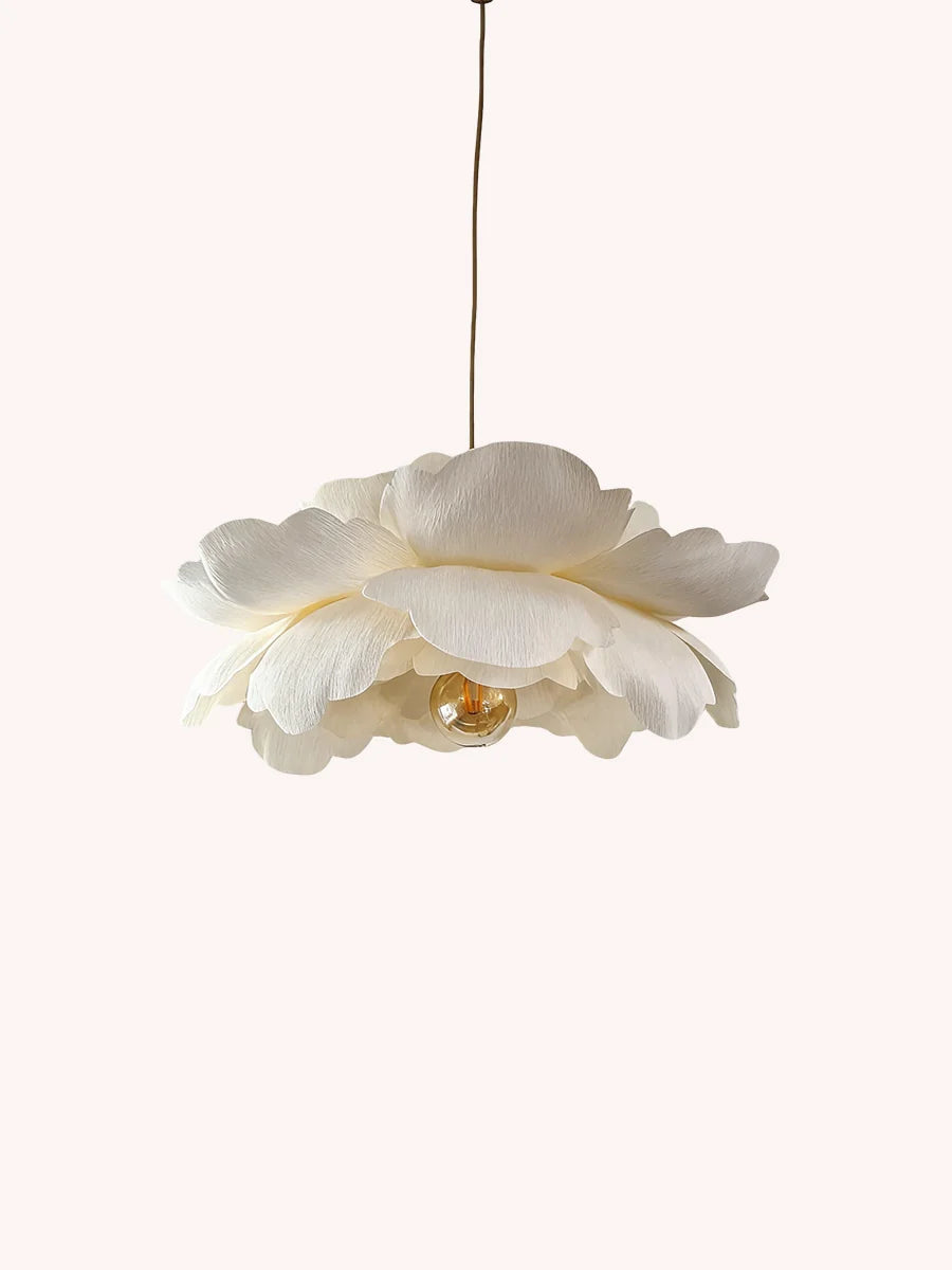 Pantalla de lámpara de papel crepé con estampado floral color crema, 70 cm, lámpara colgante de techo con diseño floral.