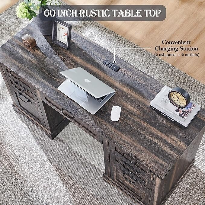 60 Farmhouse Executive Desk, Wood Home Office Desk, Computer Desk
