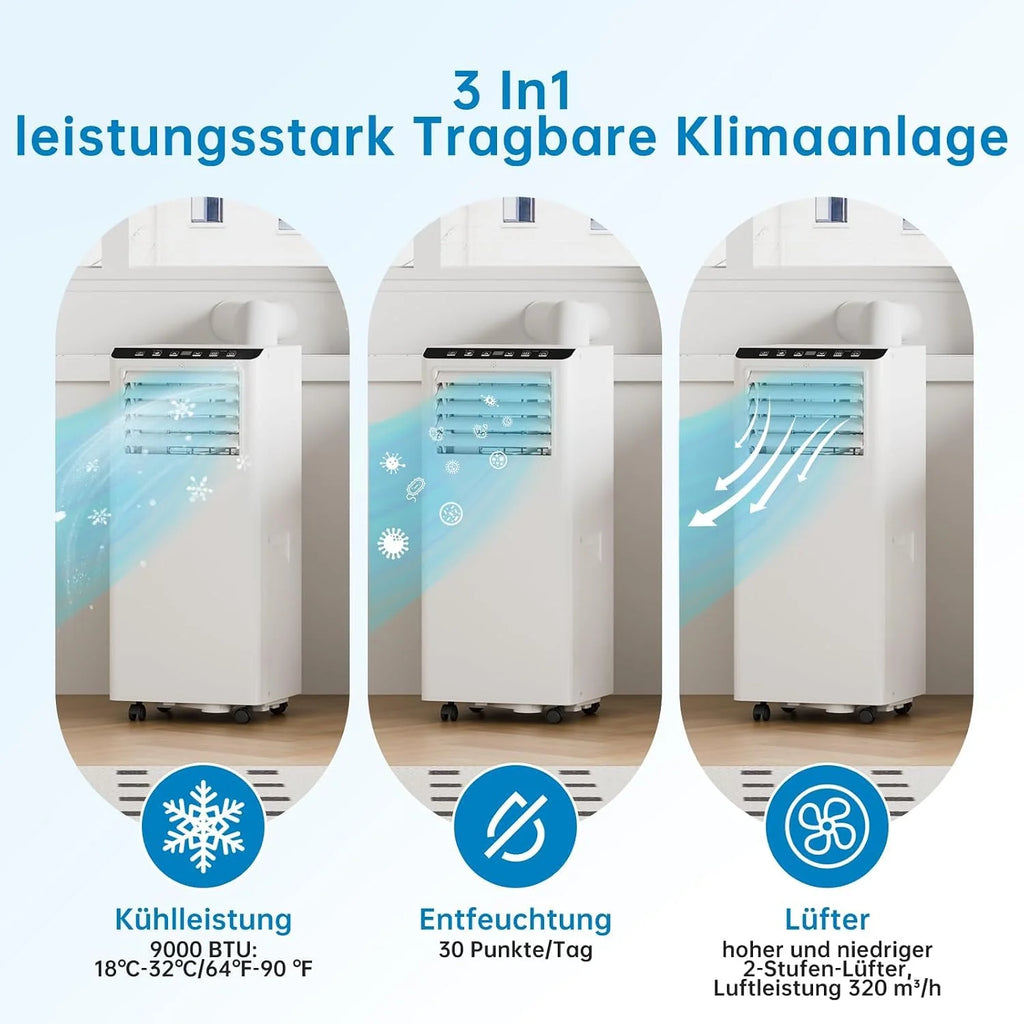 Climatiseur Mobile 9000 BTU, Mobile Klimageräte Avec Tuyau d’évacuation, Climatiseur Mobile Silencieux