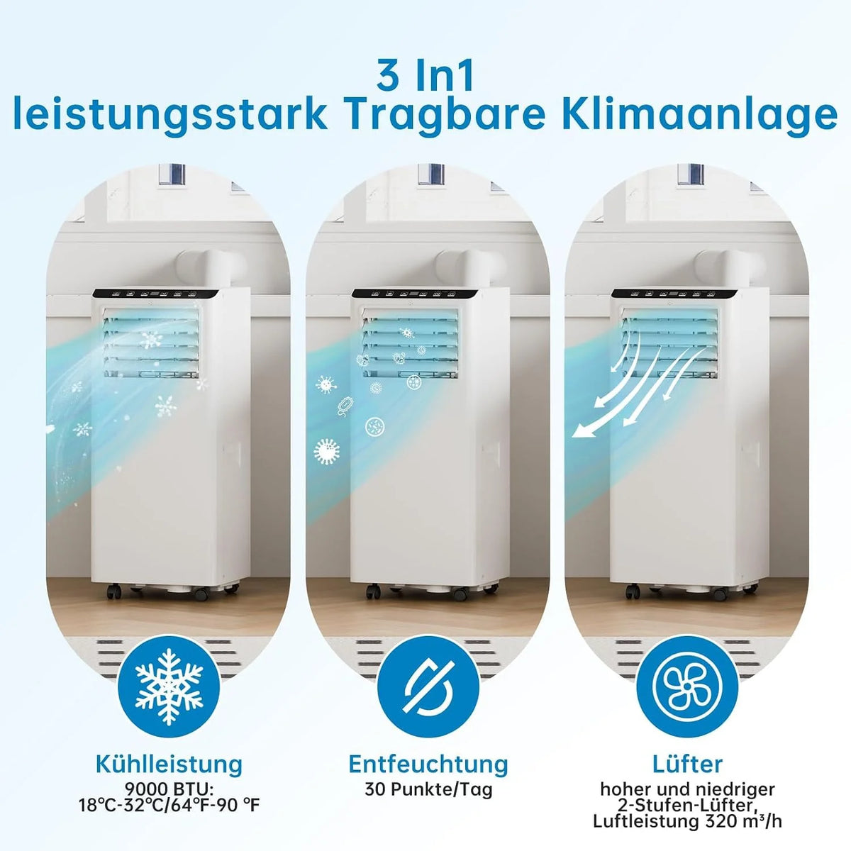 Climatiseur Mobile 9000 BTU, Mobile Klimageräte Avec Tuyau d’évacuation, Climatiseur Mobile Silencieux