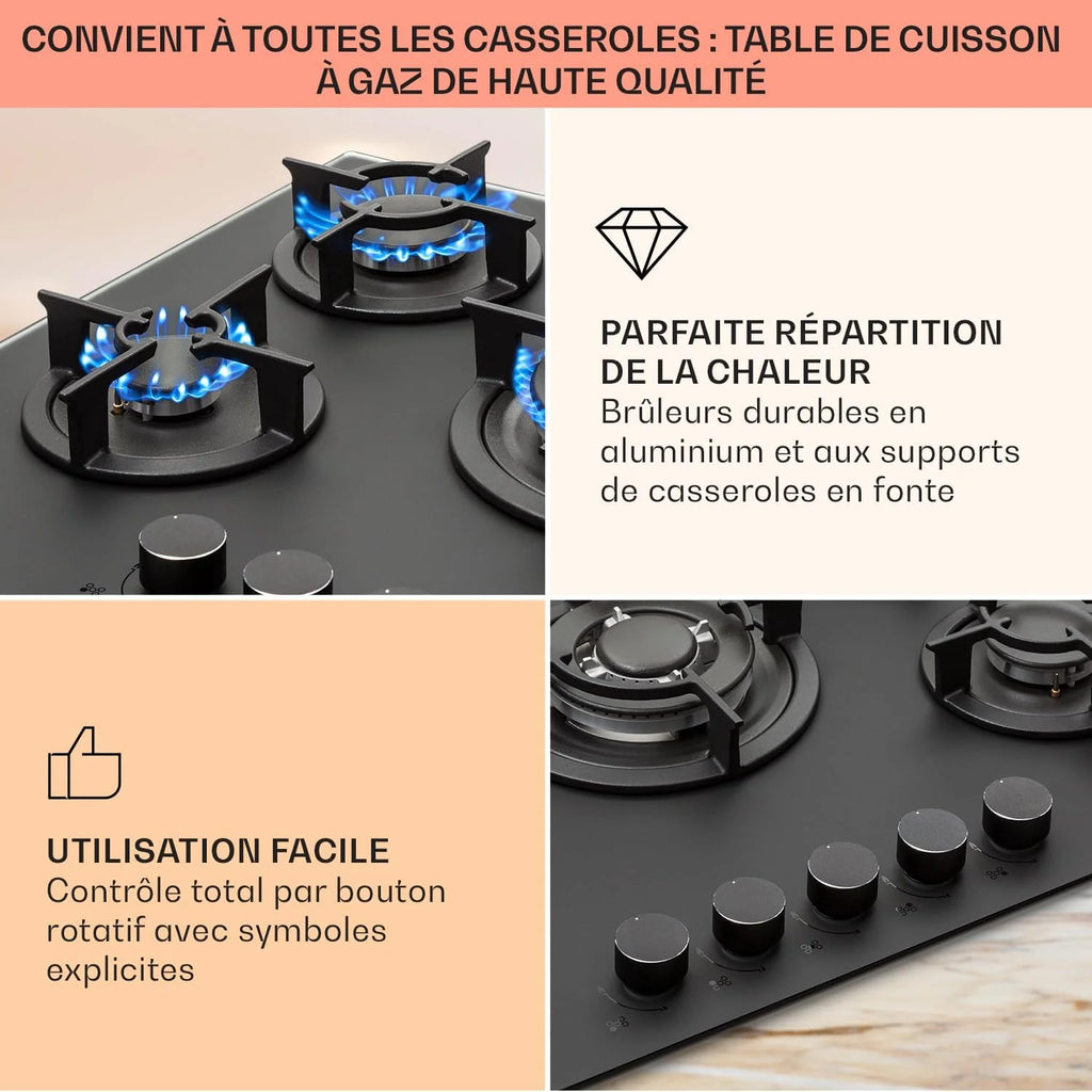 Klarstein Table de Cuisson à Gaz, Plaque de Cuisson Gaz à 5 Brûleurs, Table de Cuisson Encastrable à 5 Feux de 10400W, Cuisiniere Gaz, Gaziniere Gaz avec Brûleurs en Acier Inoxydable, Cuisinières GPL